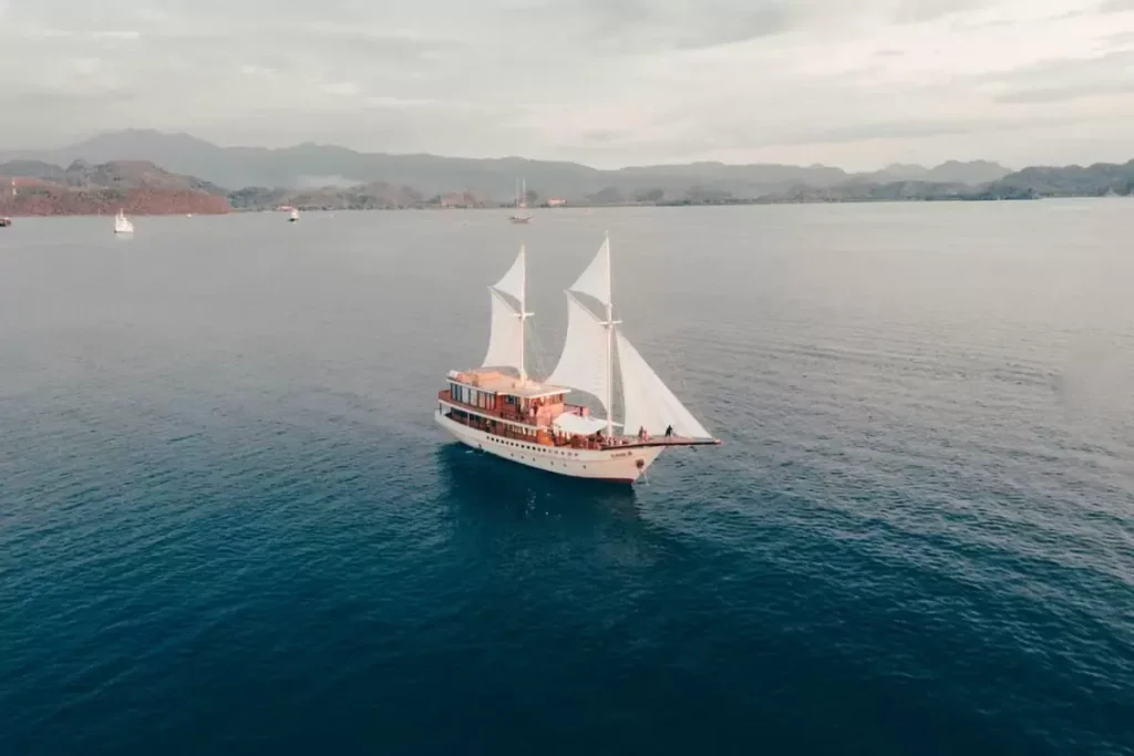 Drone view of a phinisi at anchor
