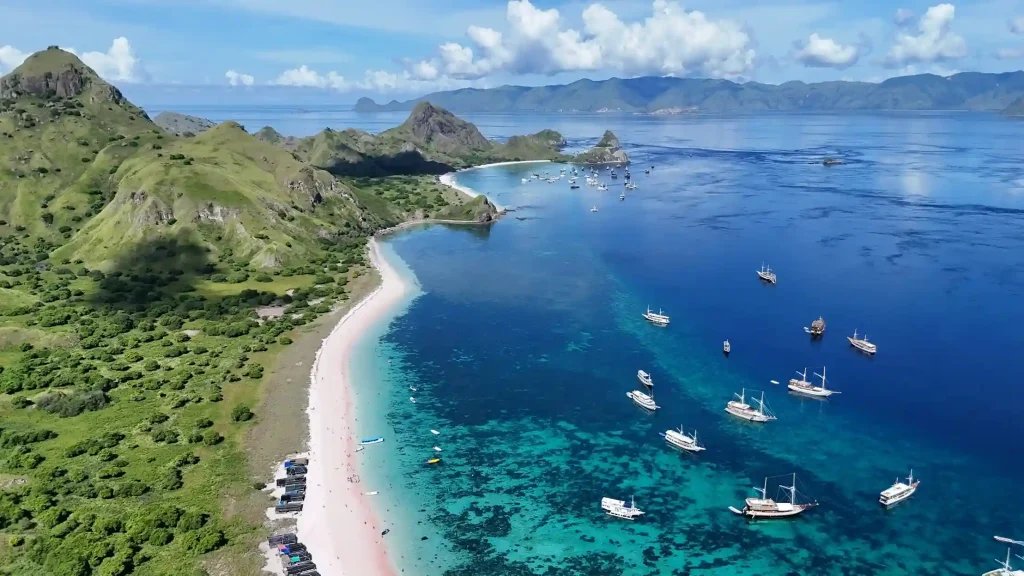 Phinisi anchored off Pink Beach, Komodo