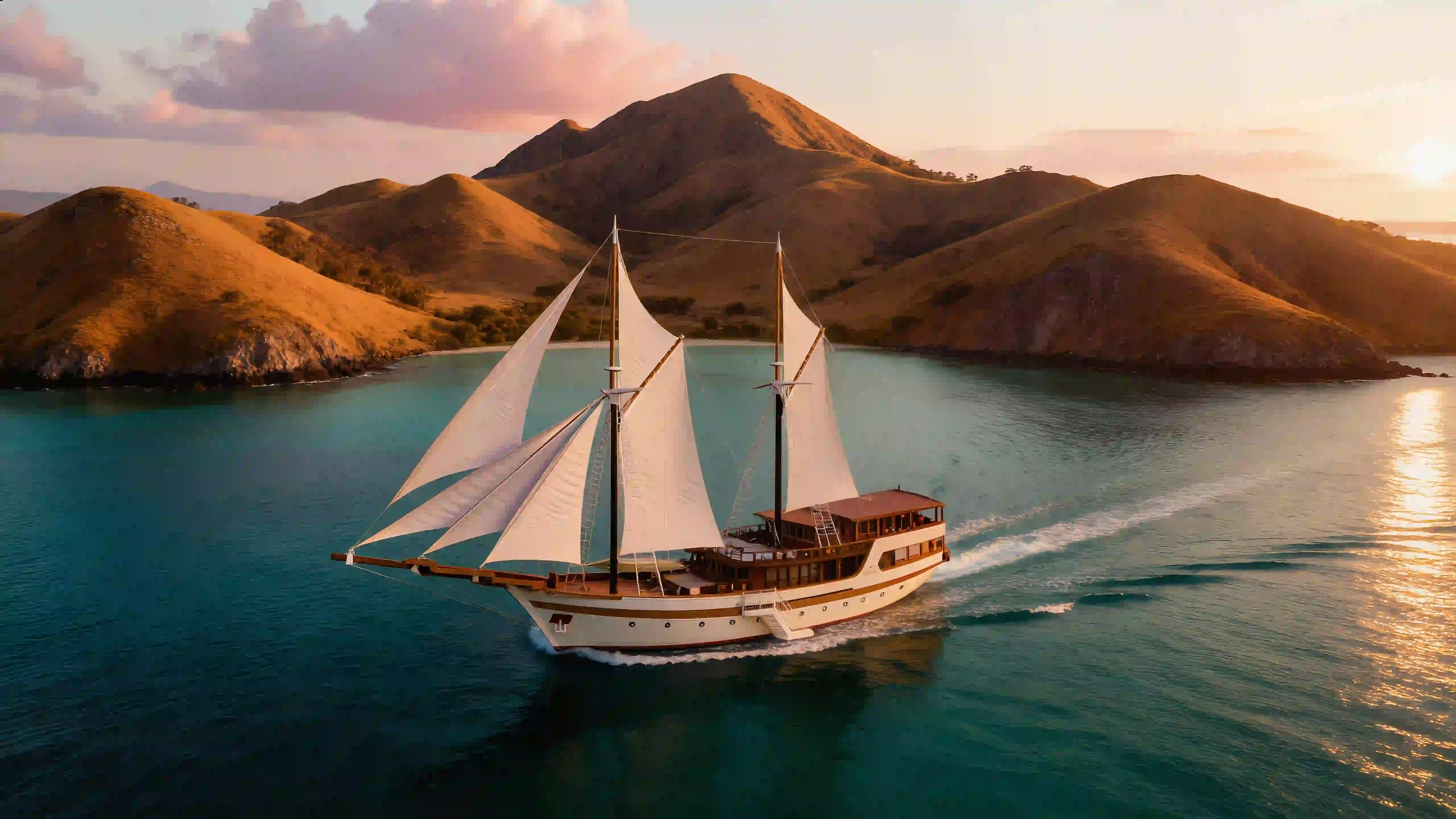 Traditional phinisi under sail in Komodo waters